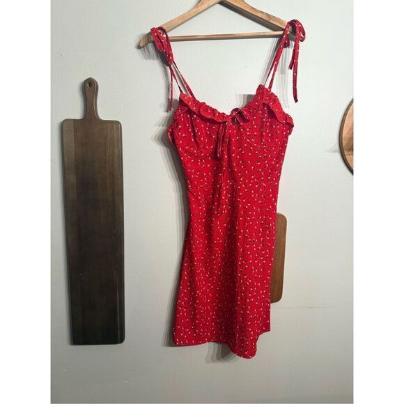 Polly Red Floral Smocked Ruffle Love Birds Summer Mini Dress Size 6 - Picture 1 of 6
